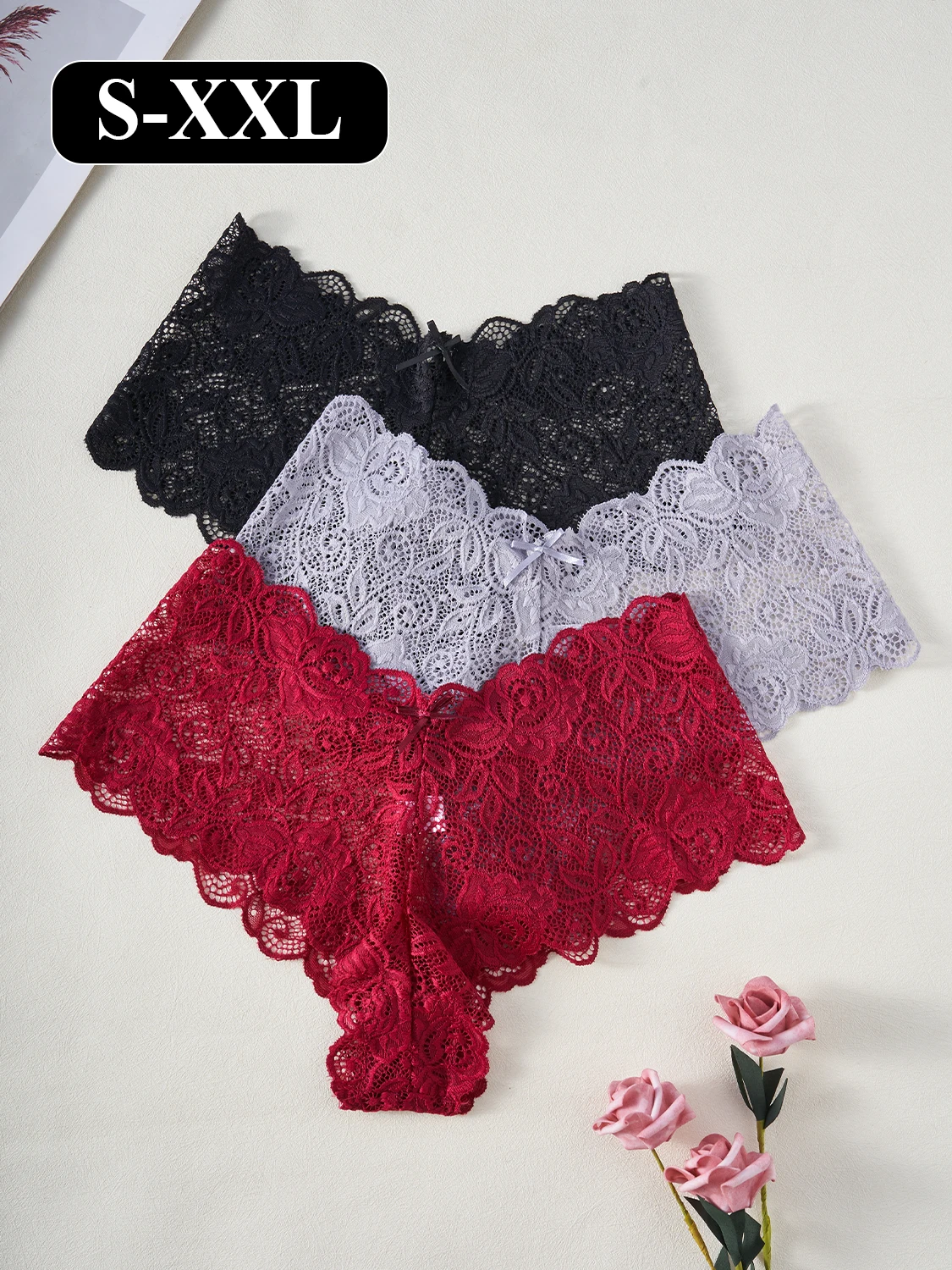 3 قطعة سراويل نسائية أنيقة من الدانتيل مُزينة بالزهور على شكل حرف V الخصر شبه شير مثير ملخصات ملابس داخلية مريحة الفتيات العشير الملابس الداخلية