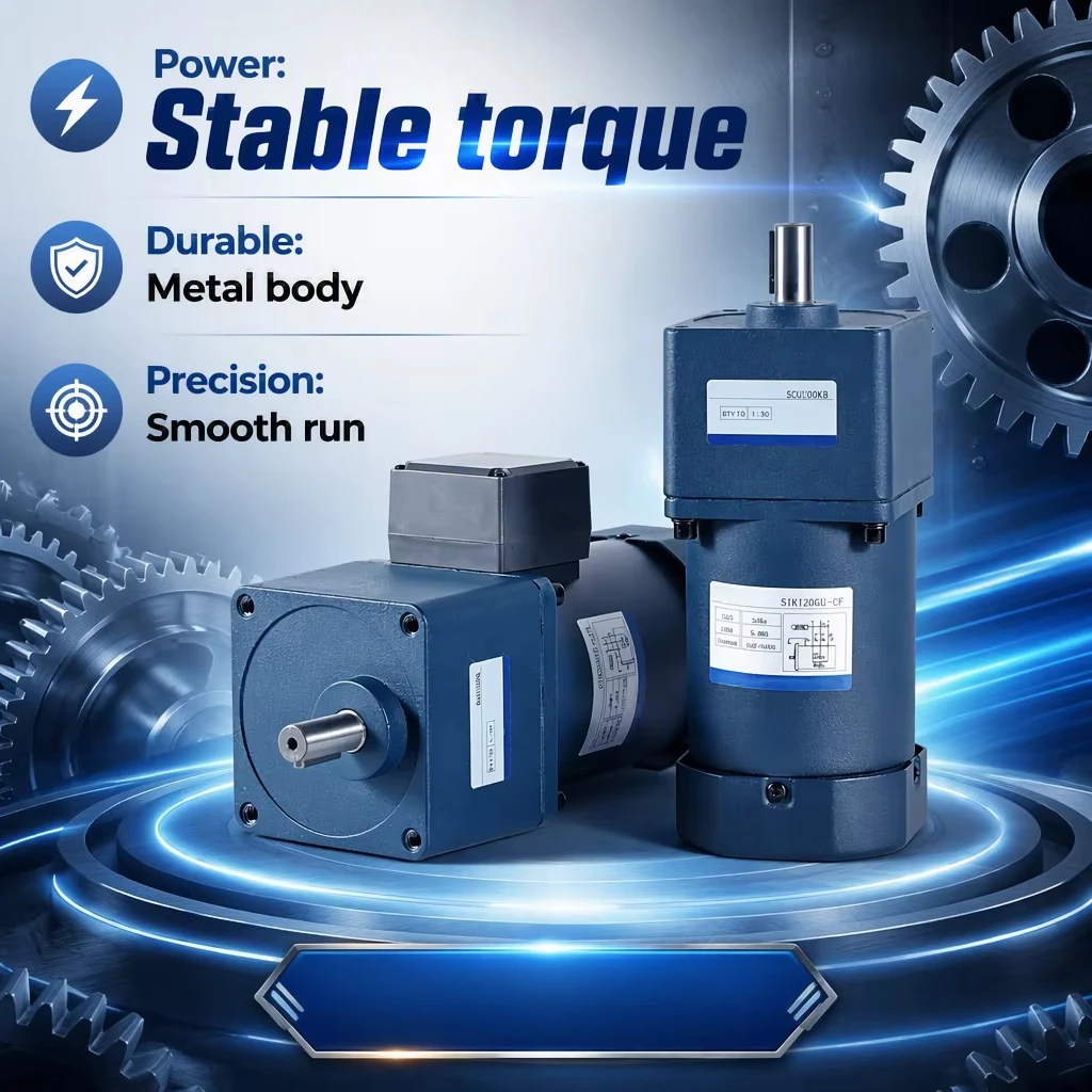 Factory Price Customized 120W Single Phase 110V 220V High Torque AC Gear Motor 104mm Gearbox 1:3-1:200 Gear Ratio IE2 Efficiency