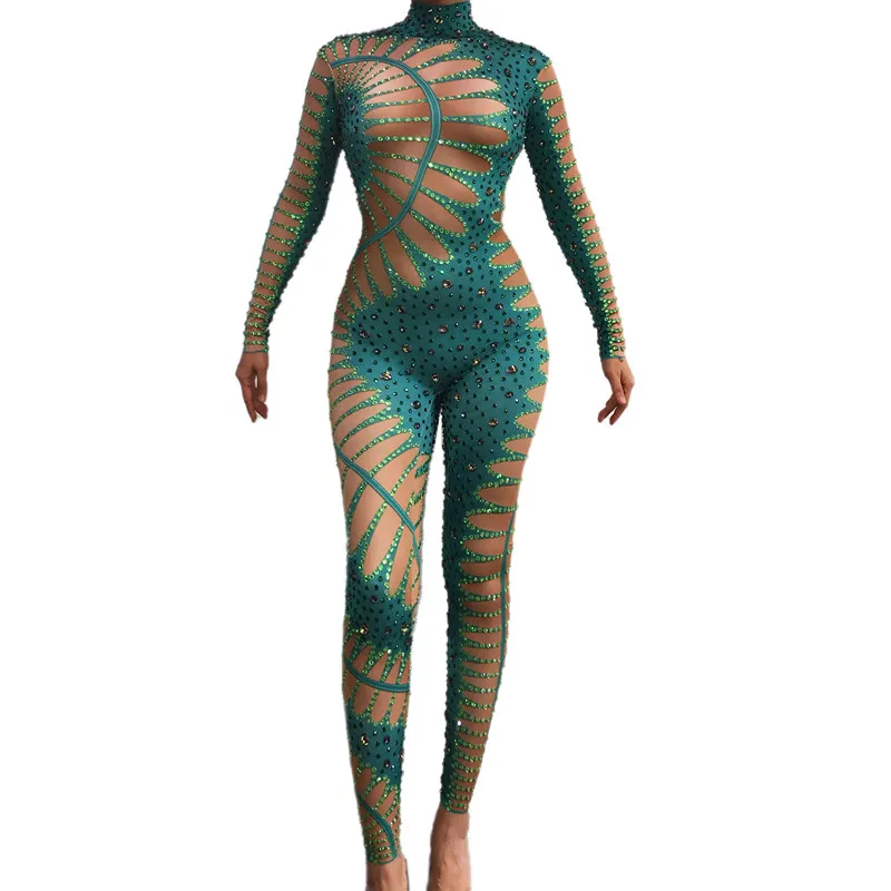 

Sparkly Rhinestones Green Tight Jumpsuit Sexy Nightclub Bar Dance Performance Costume Party Celebrate Singer Show Stage Wear