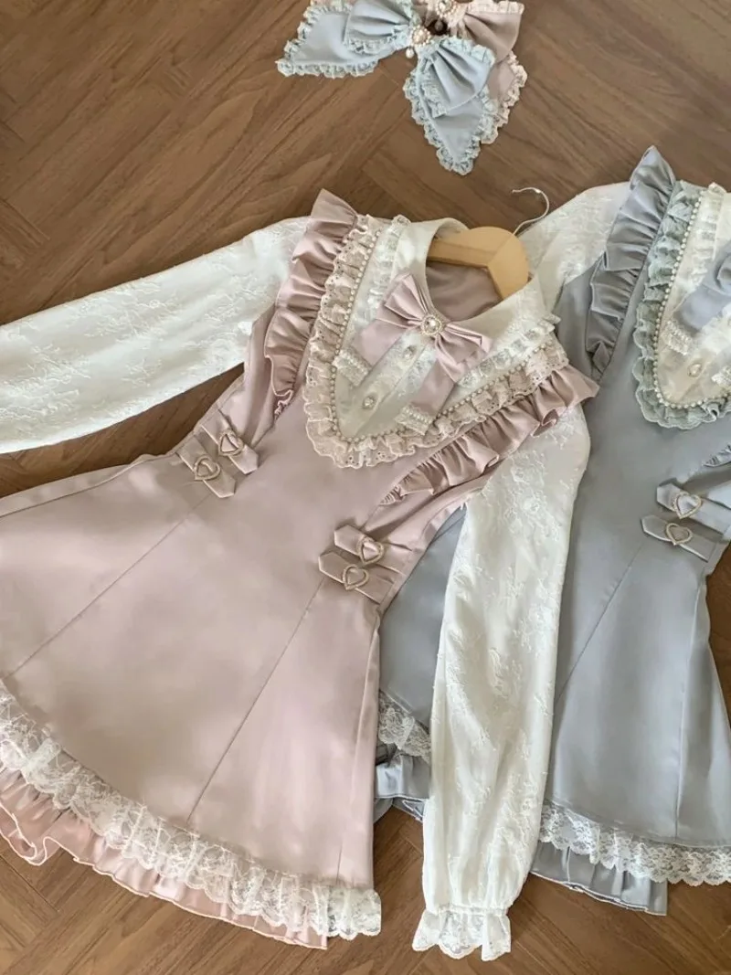 

Kawaii Girls Pink Blue Gemini Sets Japanese Sweet and Cute Lace Bow Dress+Shorts Two Piece Set 2025 Autumn New Lolita Streetwear