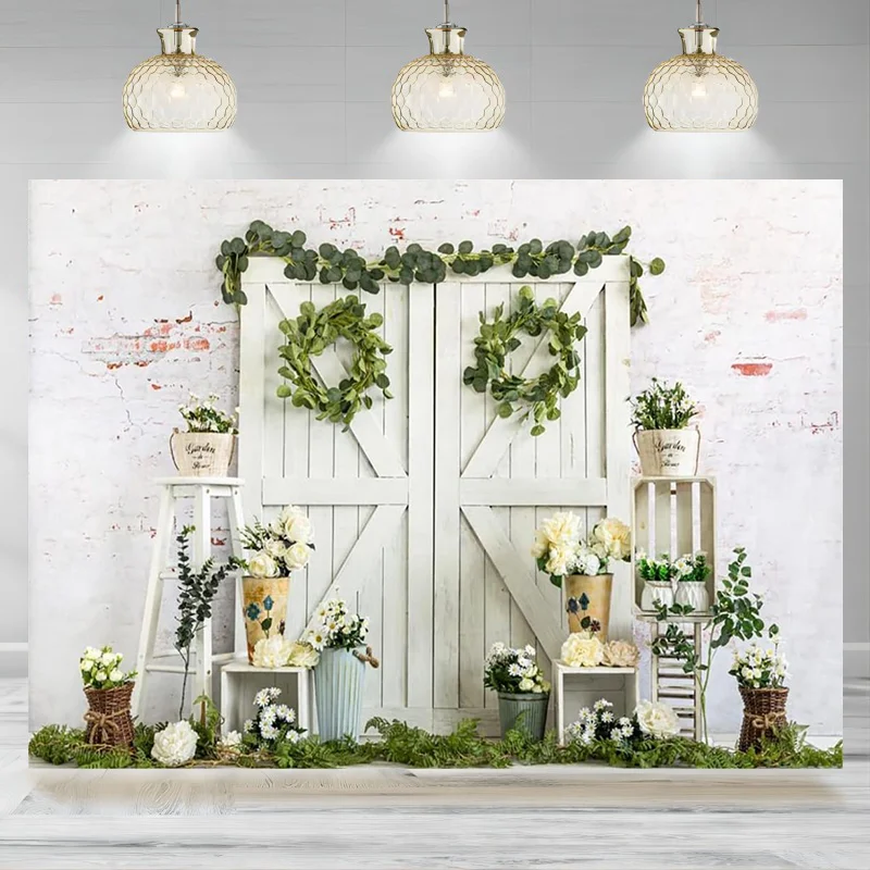 Spring Garden Backdrop Photography White Flowers Wood Door Photo Background Baby Girls Boys Banner