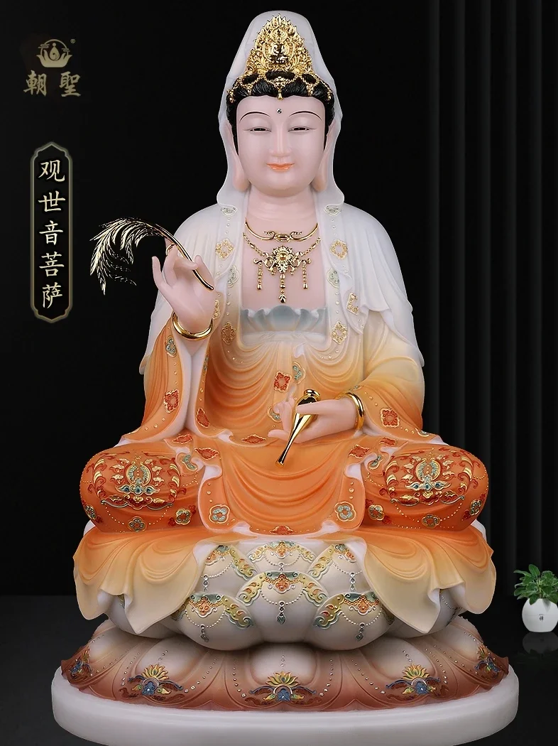White jade Guanyin Bodhisattva Buddha statue desktop ornament  Chinese retro sitting lotus high-end painted living room offering