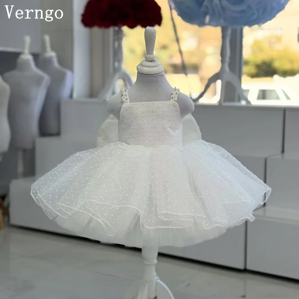 

Verngo White Tulle Girl Flowers Dress Sleeveless A Line Ball Gown Bow Maxi Princess Birthday Party Gowns Customized