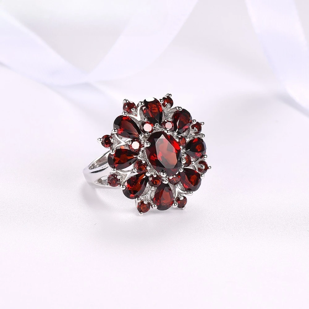 925 sterling silver new model in hot sale, set with rubies. Women's full diamond cluster engagement ring.