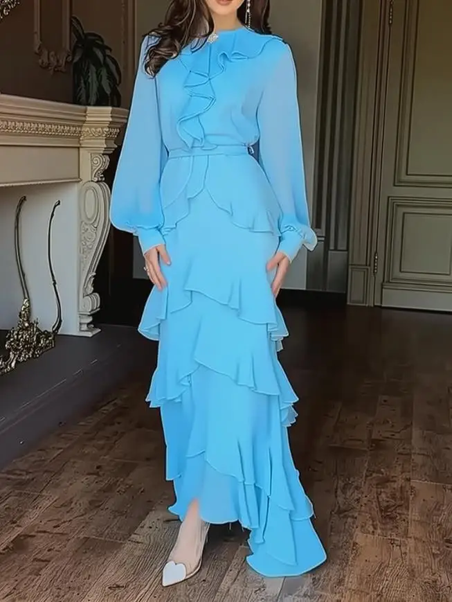 Vestidos femininos strass botão decoração em torno do pescoço lanterna manga maxi vestido com zíper volta em camadas plissado hem chiffon vestido de noite