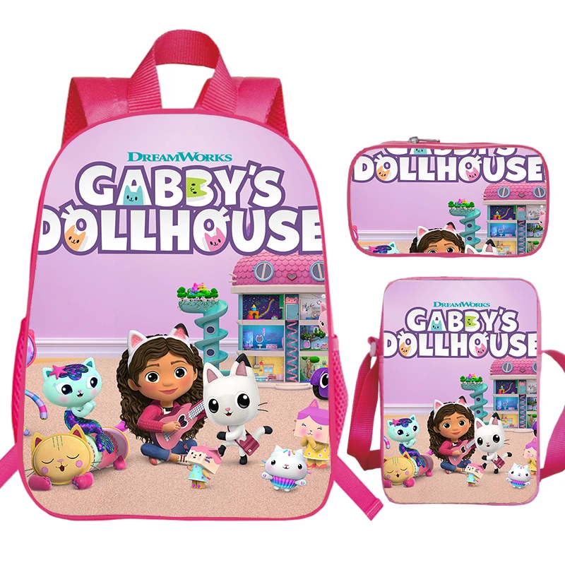 Children\'s 3pcs Set Backpack Gabby\'s Dollhouse Print Waterproof School Bags Girls Bookbag Cute Kindergarten Bag Preschool Kids