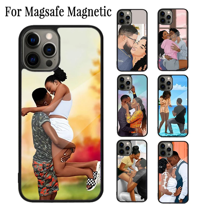 Afro Black Couple Kiss Magnetic Phone Case Coque For iPhone 16 15 14 Plus 13 12 Mini 11 Pro Max Magsafe Wireless Charging Cover