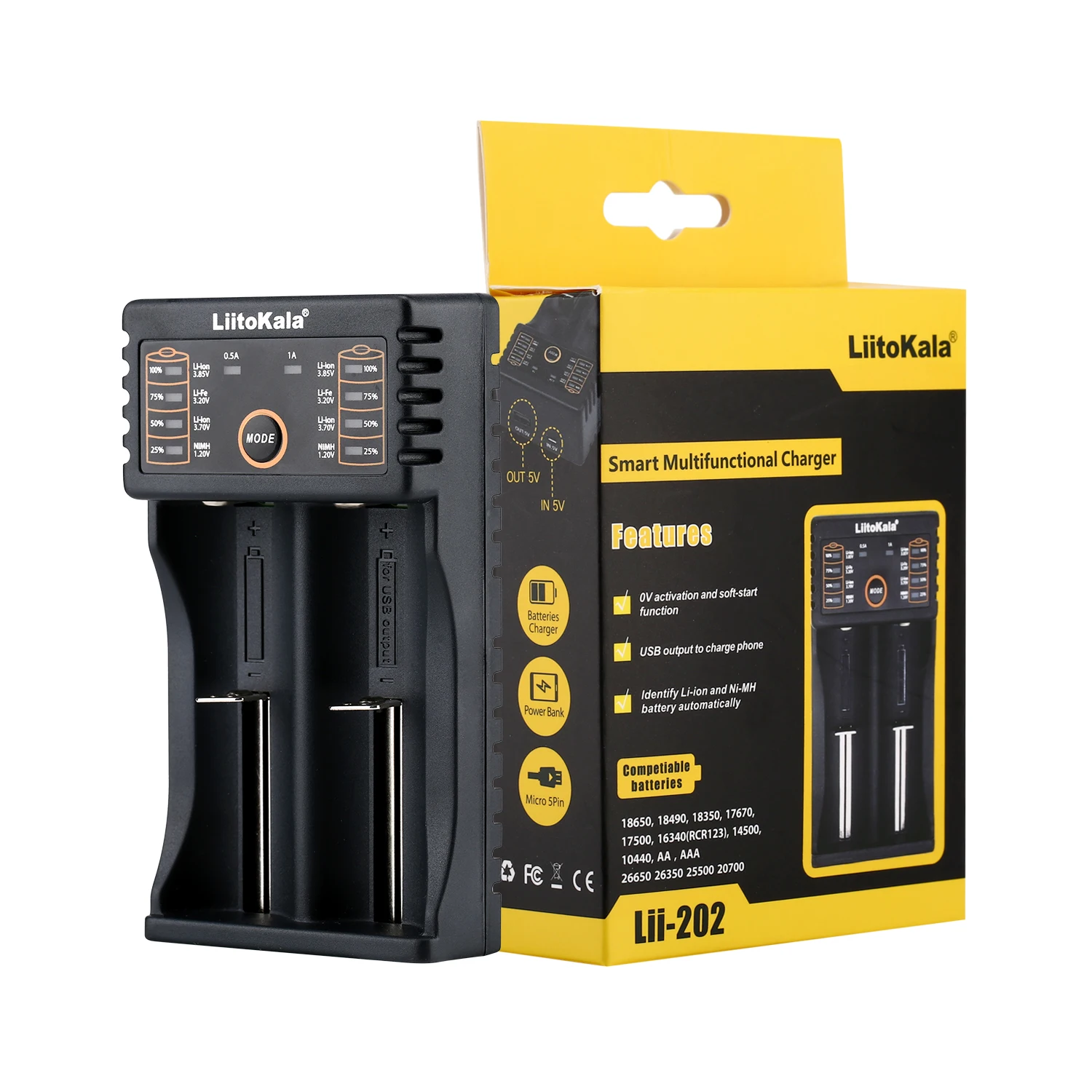 Liitokala LII-202 5V2A Output Type-C Universal Rechargeable Battery Charger for 3.7V 3.2V 3.85V Compatible with 18650 21700
