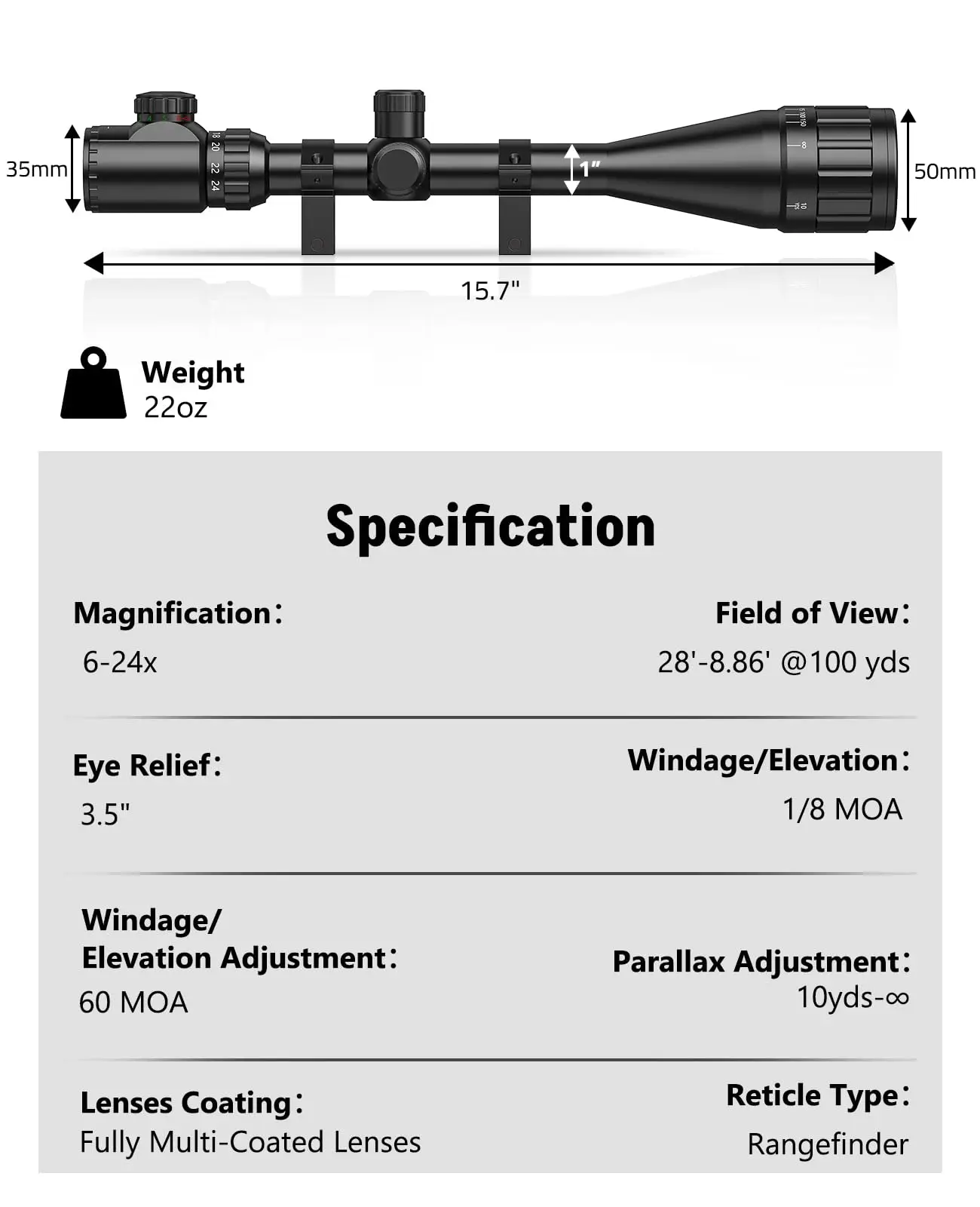 MidTen 6-24x50 AO Rifle Scope for Hunting Red and Green Illuminated Long Range Scope Sight 1 inch Tube SFP with 20mm Rings Mount