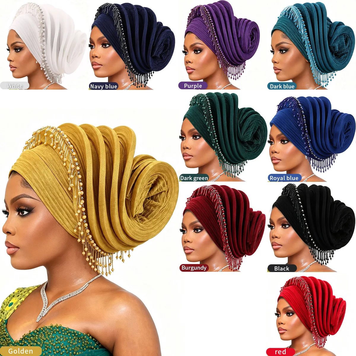 Bead Tassel Spiral Beret for Women Afrcian Lady Head Wrap Female Turban Nigeria Headpiece Wedding Party Gele Muslim Bonnet Hijab