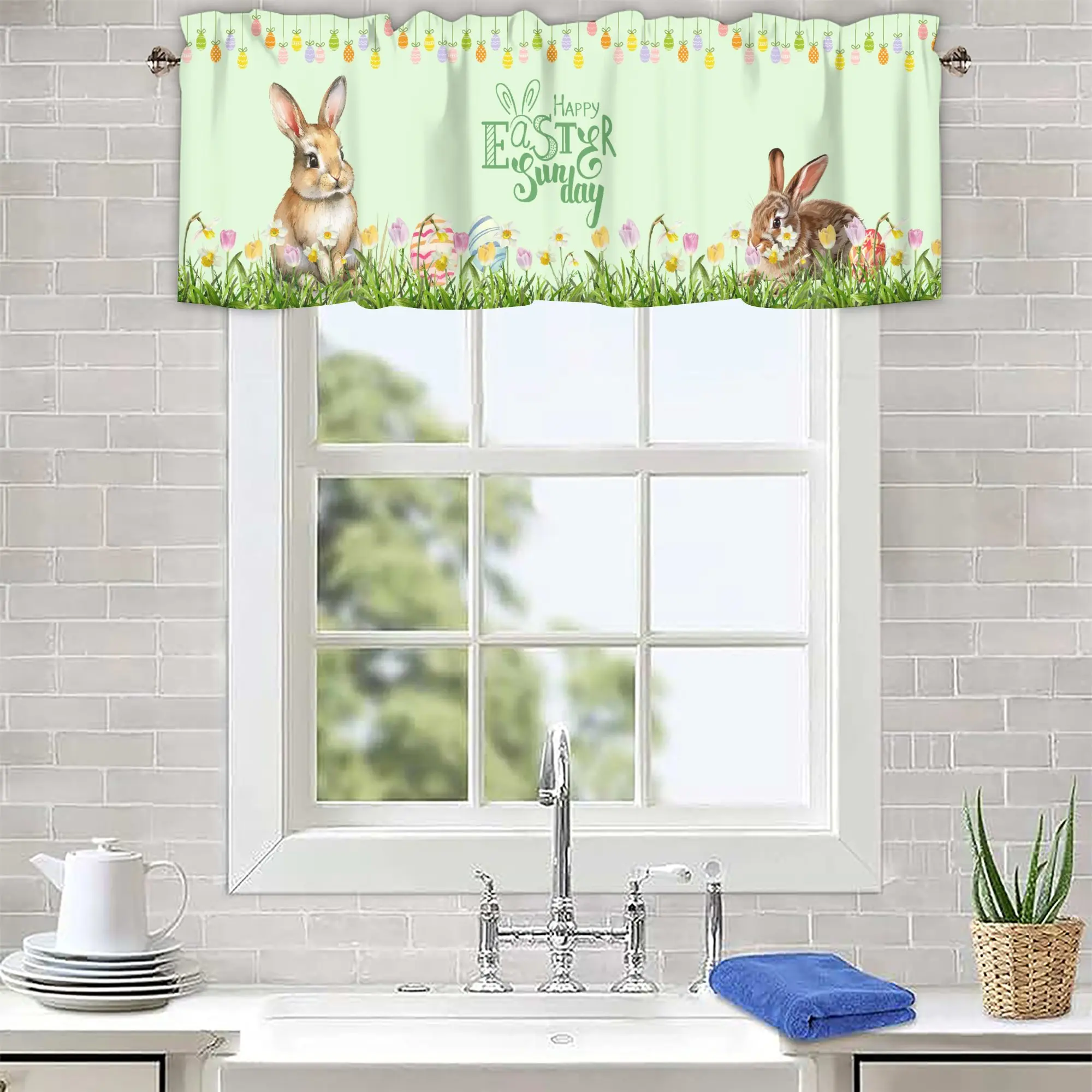 Green Easter Bunny Window Valances for Kitchen, Farmhouse Easter Short Curtains Rod Pocket Bedroom Bathroom Decor