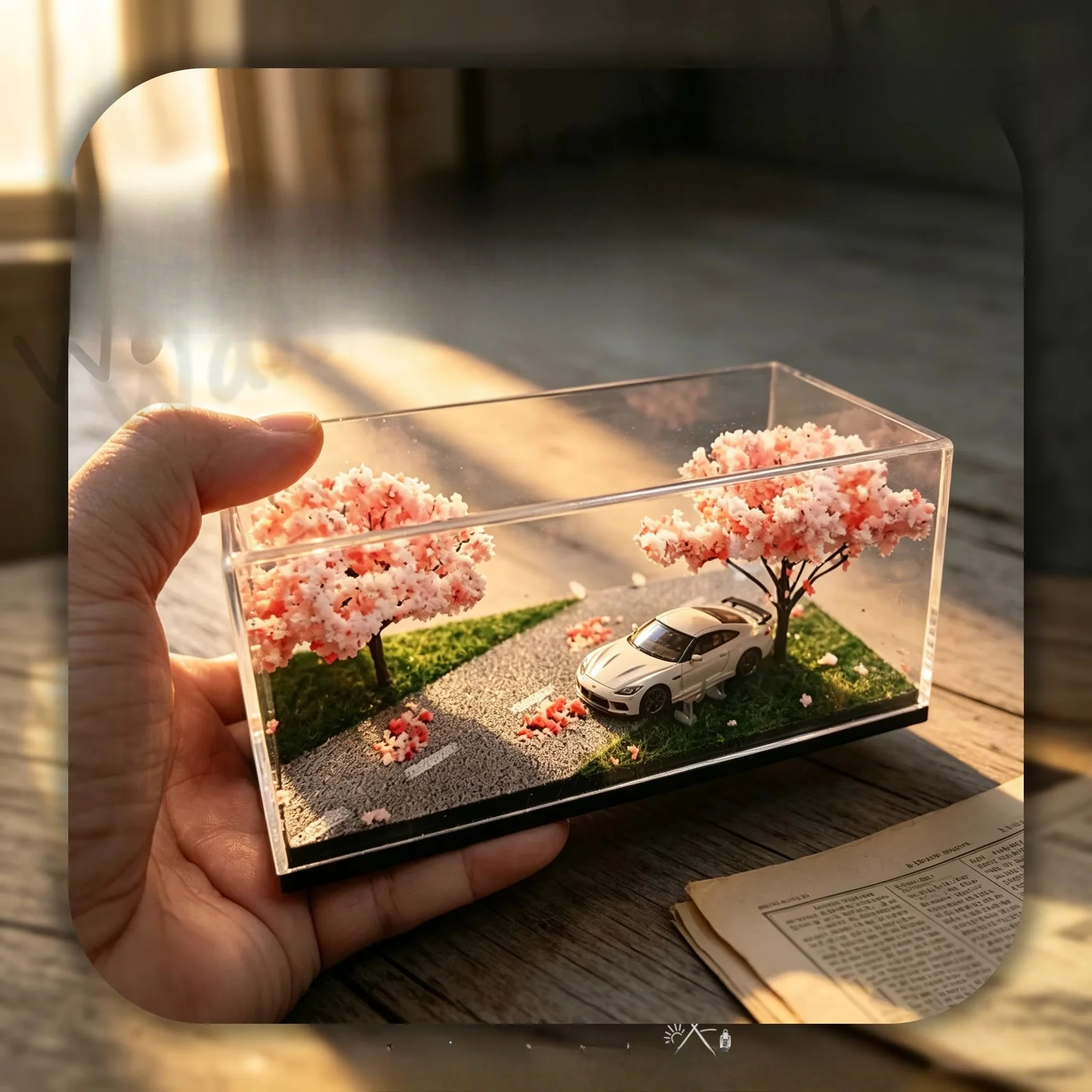 1:64 Cherry Blossom Diorama Car Model Mini Scene Acrylic Display Box Desktop Mini Ornament Male Collect Gift