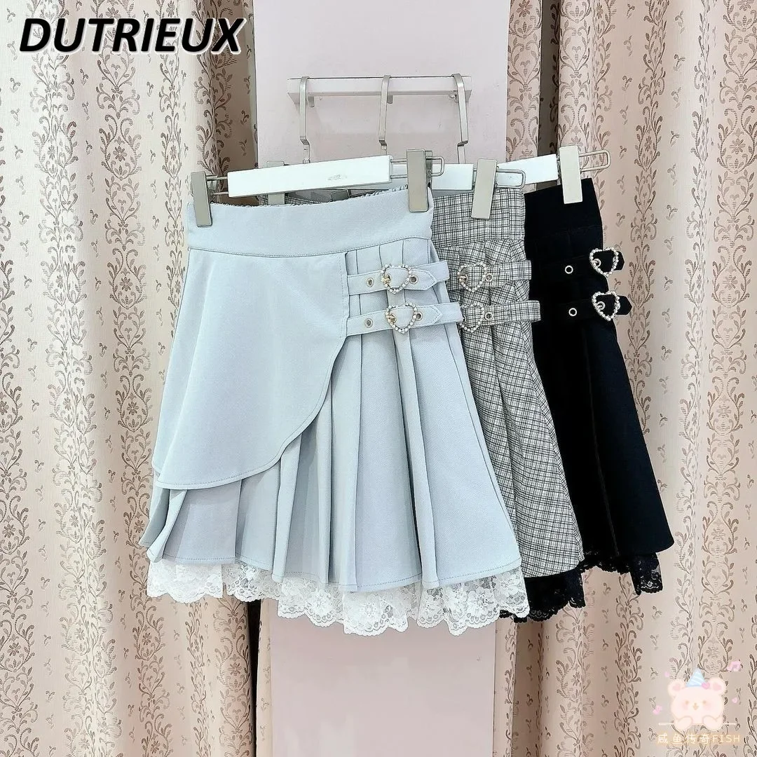 Rojita Summer New Love Decorative Plaid Pleated Skirt Women Fashion Irregular Mine Series Sweet All-Matching Short Skirt Faldas