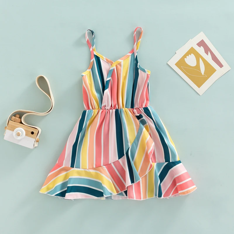 Lioraitiin-1〜6歳の女の子のための夏のドレス,ストライプのプリント,フリル,ライン,夏