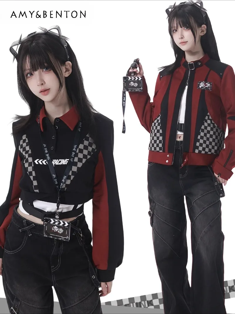 Sweet Cool Motorcycle Style Hot Girl Red and Black Patchwork Top Jeans Sets Gothic Y2K High Waist Straight Pants Short Jackets