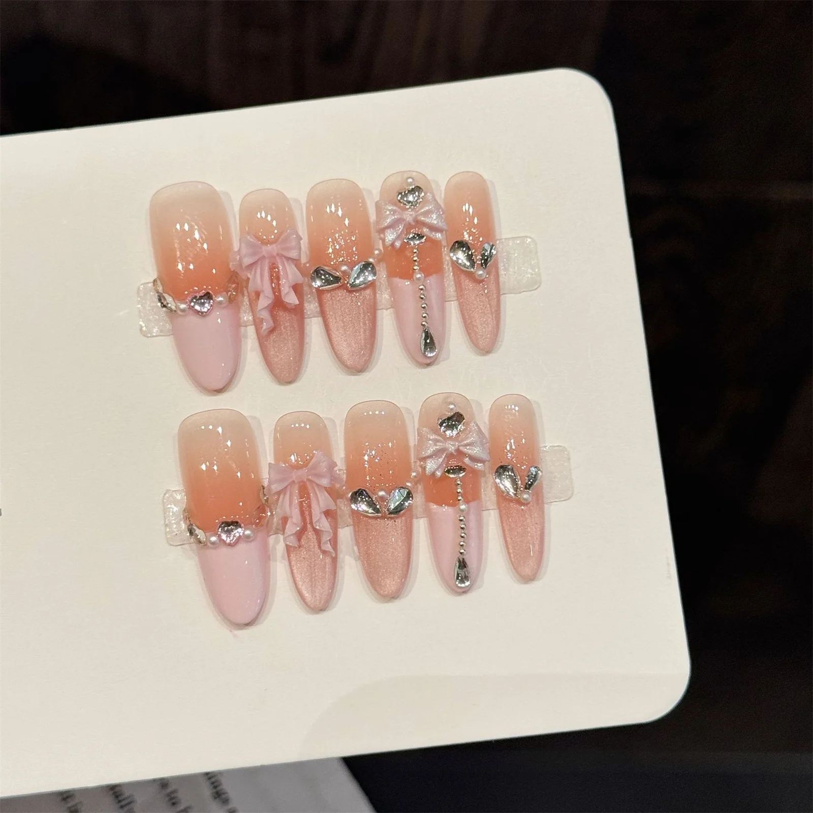 10 Stück handgemachte Nägel zum Aufdrücken, Farbverlauf, künstliche Nägel mit Schleifen, Strass-Dekor, lang, oval, Mandel, französisches Acryl, falscher Nagel, tragbar