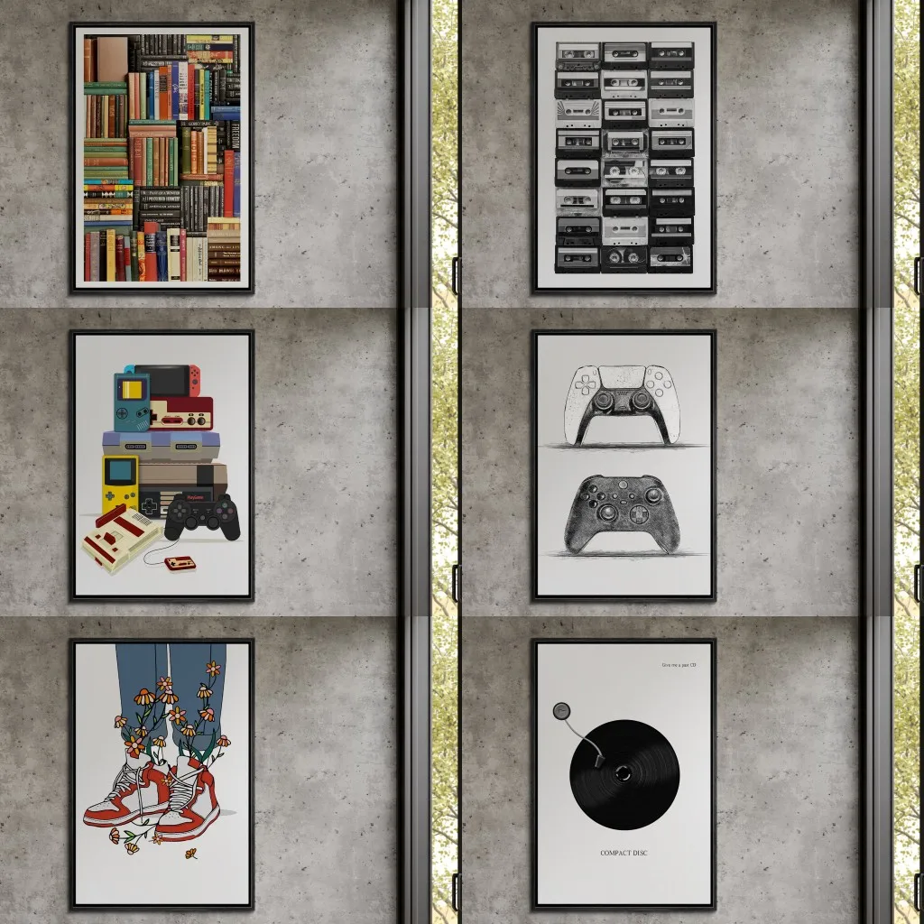 Modern Vintage Wall Art Poster Old Books Floral Sneakers Game Controllers Tapes Record Canvas Painting Boy's Room Decor