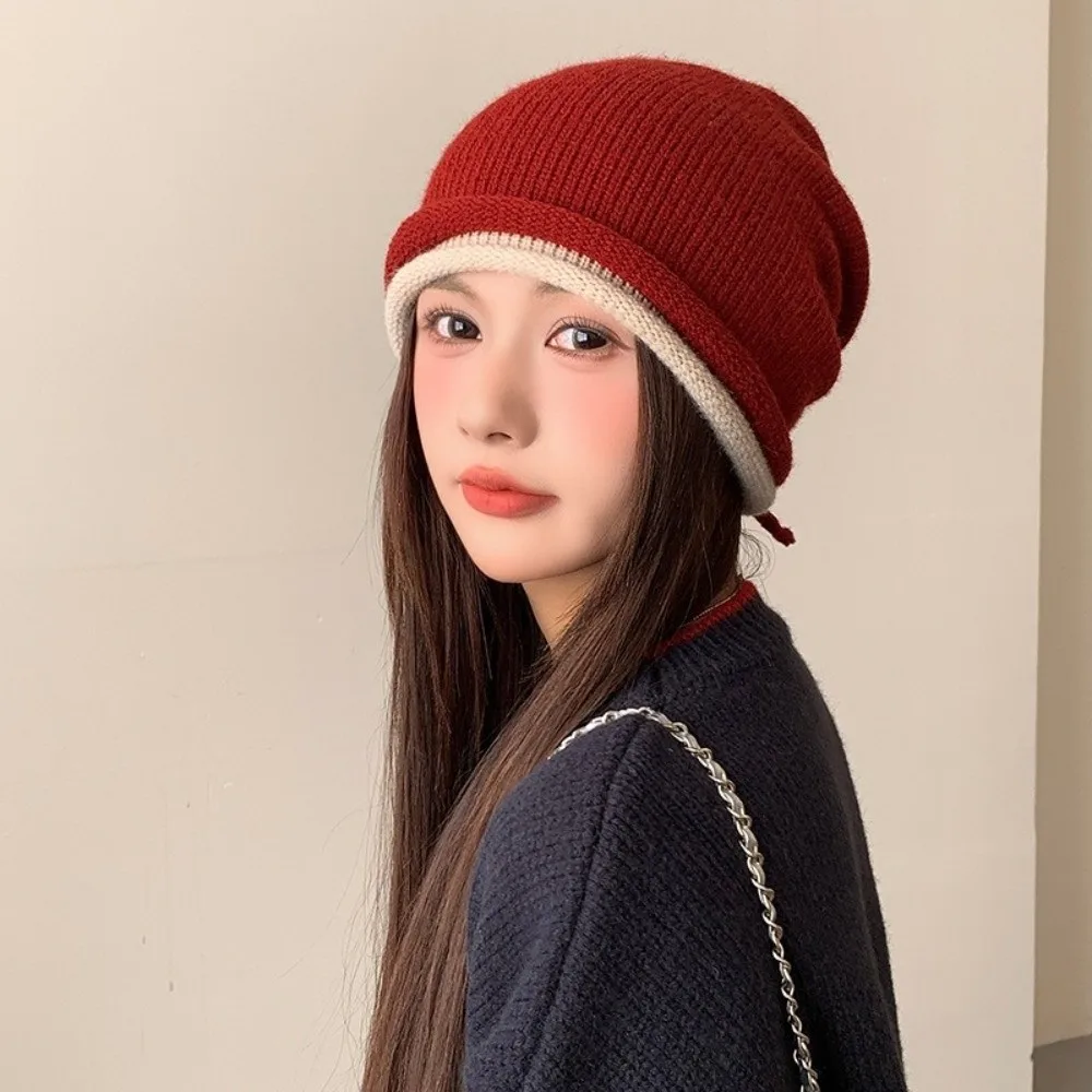 Soft Elastic Knitted Stacked Hat Double-sided Streetwear Pullover Cap Hip-hop All-match Ear Protection Cold Hat Autumn/Winter