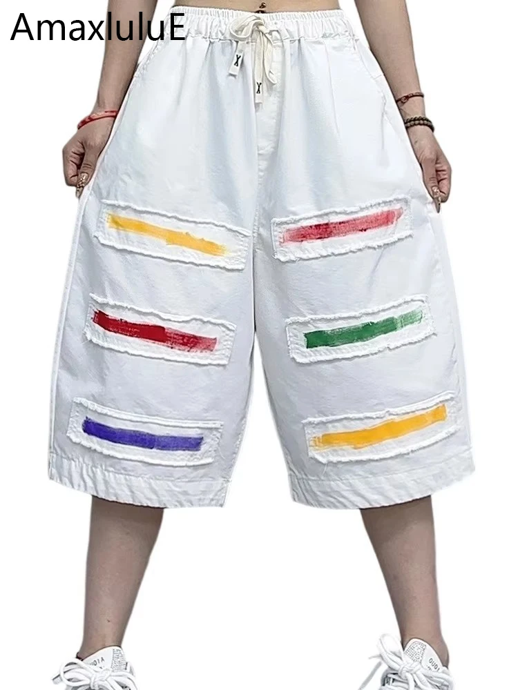 AmaxluluE Summer Fashion White Denim Shorts Womens Loose Vintage Jeans Ladies Casual Patchwork Pantalons Elastic Waist Trousers