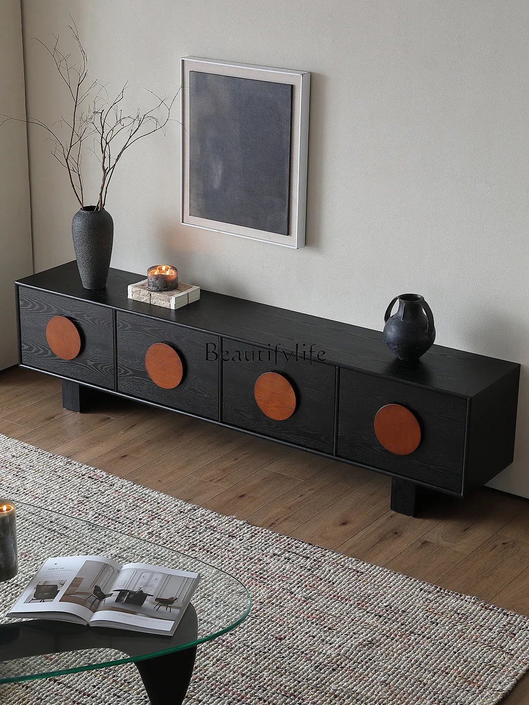 

yj32 Medieval solid wood TV cabinet 2025 new French retro living room black high-footed floor cabinet