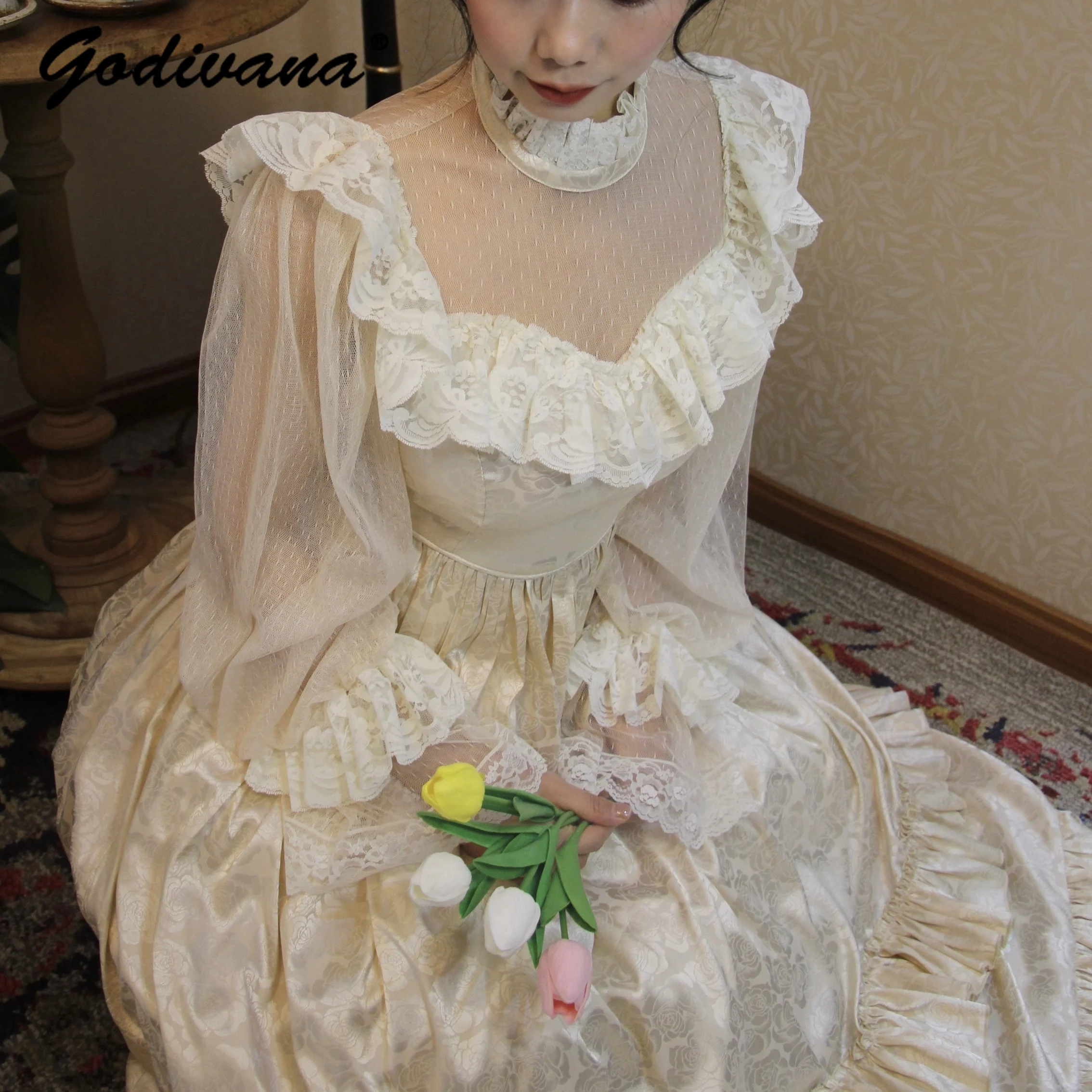 Retro estilo palácio francês renda cetim vestido novo outono manga longa feminino gola renda emendado fino jacquard vestido longo