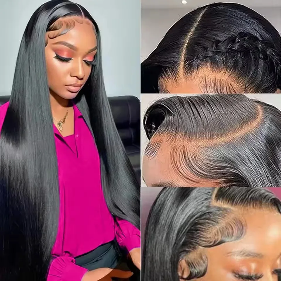 

30-дюймовые прямые парики из натуральных человеческих волос с HD прозрачной кружевной передней частью, плотность 250%, натуральный черный цвет, для женщин