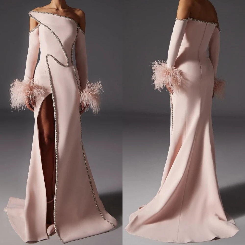 

Jersey Beading Feather Celebrity A-line Off-the-shoulder Bespoke Occasion Gown Long Dresses