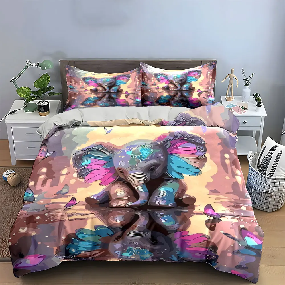 Abstract Pastel Elephant Reflection Duvet Cover Set,Colorful Butterfly Art Bedding Includes 1 Duvet Cover ＆ 2 Pillowcase,Gift