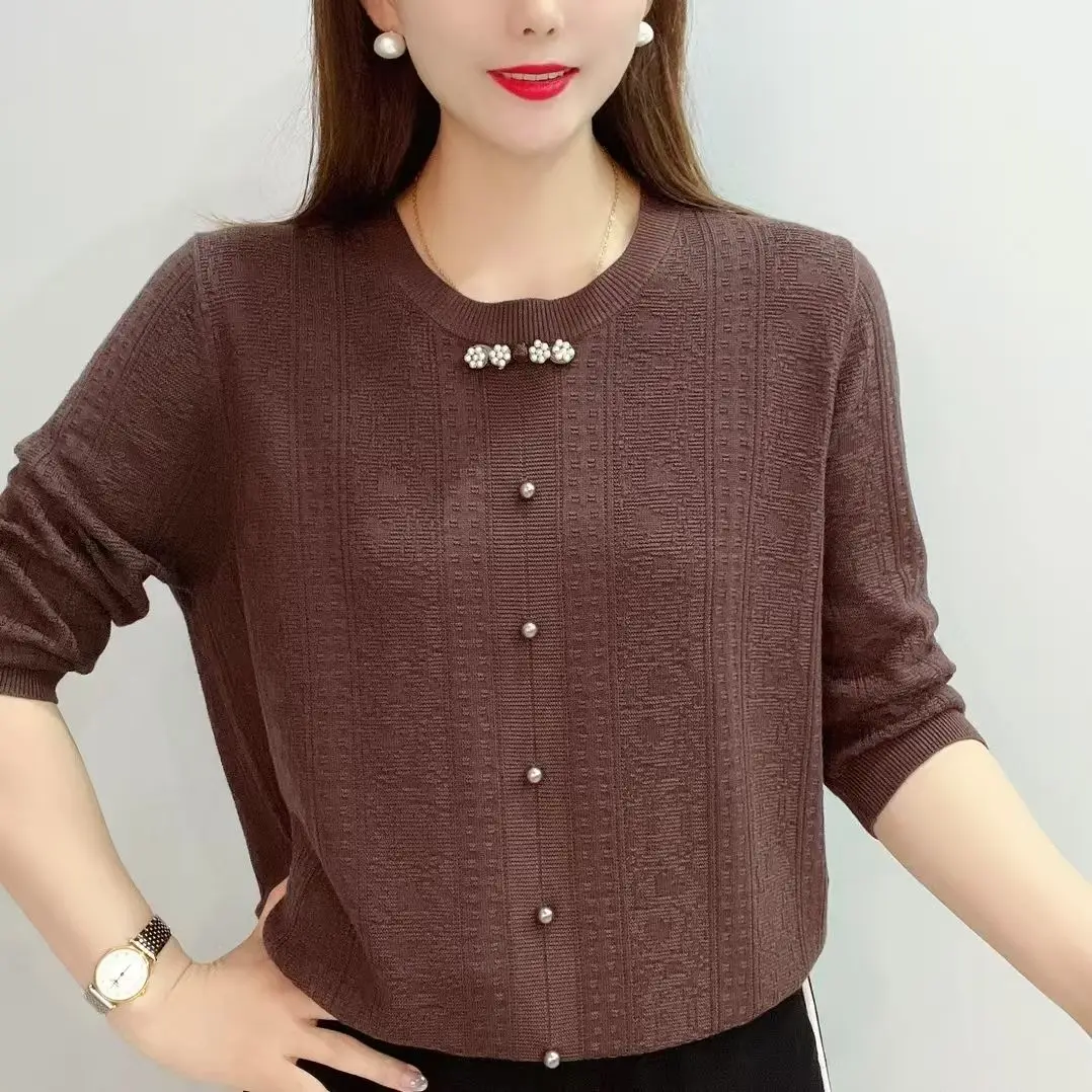 Chinese Style Solid Color Ice Silk Autumn Retro Floral Knitted Sweater to Reduce Age and Cover the Flesh Mother Breathable Top