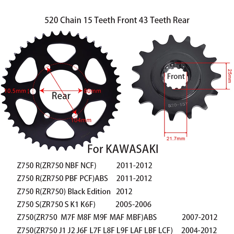 Kit de pignon avant et arrière pour moto, chaîne 520, 15 dents, 43T, pour KAWASAKI Z 750 Z750 ZR 750 ZR750 LAF LBF MAF MBF PBF PCF K6F ABS