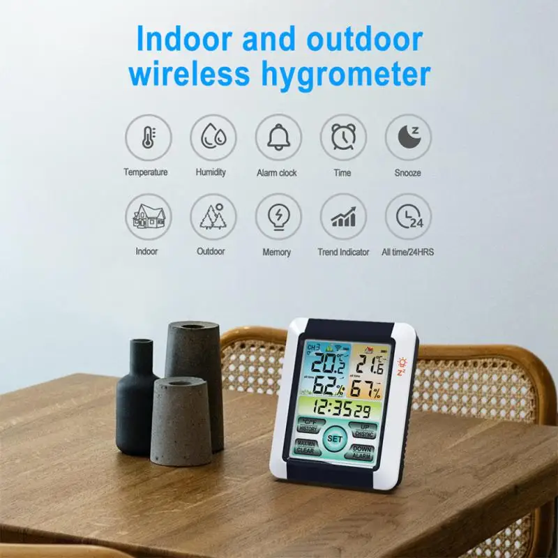 Wireless Weather Station Large Screen Digital Indoor Outdoor Thermometer Hygrometer Monitor Alarm Clock with Transmitter Sensor