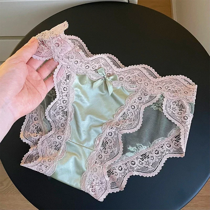 Французские полупрозрачные кружевные трусики, женские весенние удобные сексуальные хлопковые женские трусы с бантом, женские сексуальные кружевные трусики