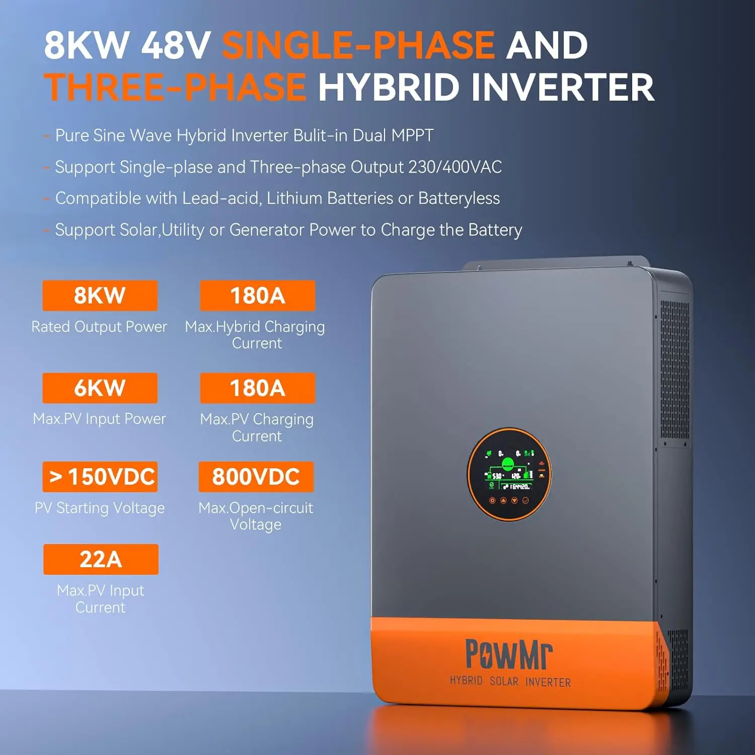 PowMr 8KW 12KW Hybrid Solar Inverter 48V 220V 3 Phase Inverter On Off Grid Dual MPPT Output with MPPT 180A 260A Solar Charger