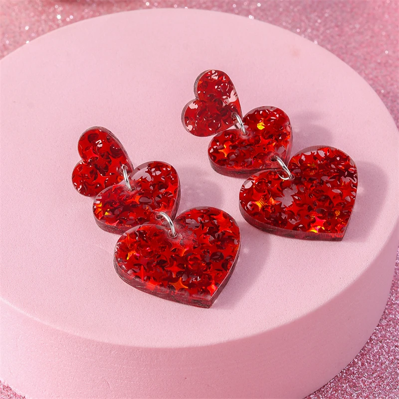 Fashion Red Color Love Heart Stud Earrings for Women Girls Party Holiday Jewelry Decoration