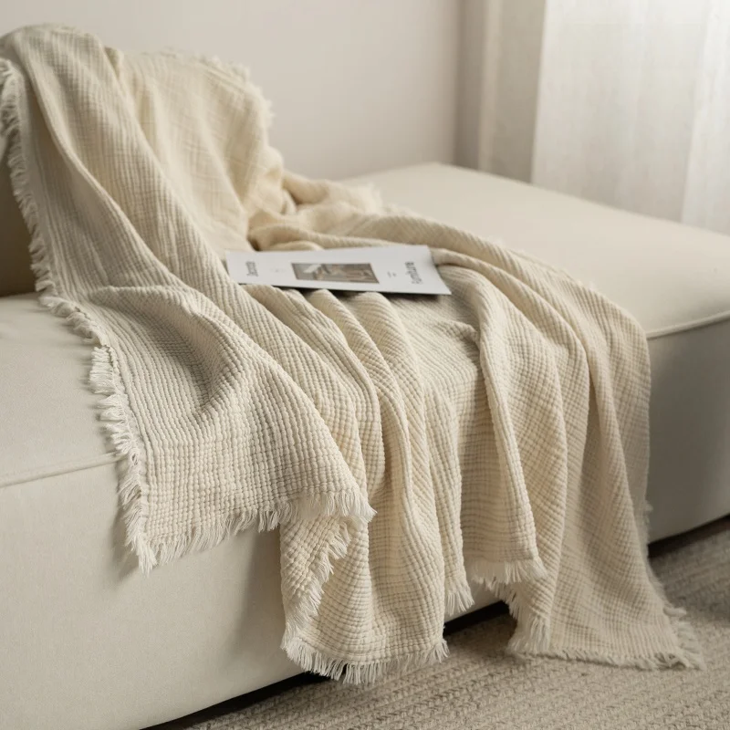 

Modern Minimalist Cotton Sofa Cover Casual Blanket Four Layers Gauze Bedding Tassel Soft Foldable All Seasons Versatile Throw