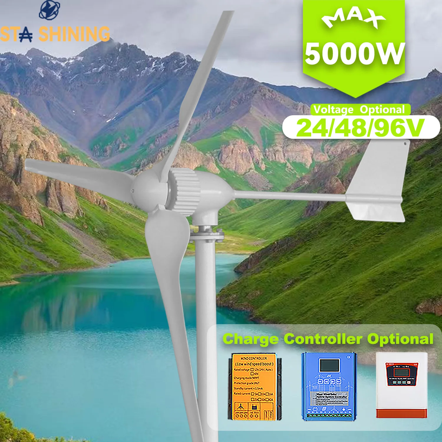 

【Higher-Output】Horizontal Wind Turbine Generator 5000W Max Windmill W/ MPPT Hybrid Charge Solar Wind Off-Grid System, 3 Blades