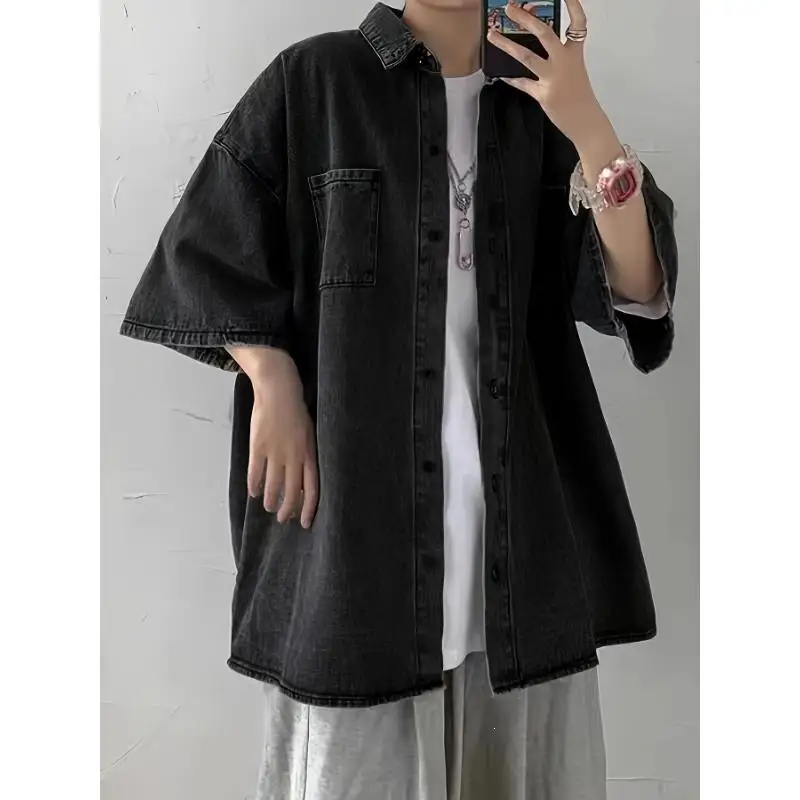 Men's Denim Shirt Jacket U 73293 Cotton PU Short Sleeve Stand Collar Embroidered Neutral Style Summer Casual Outerwear