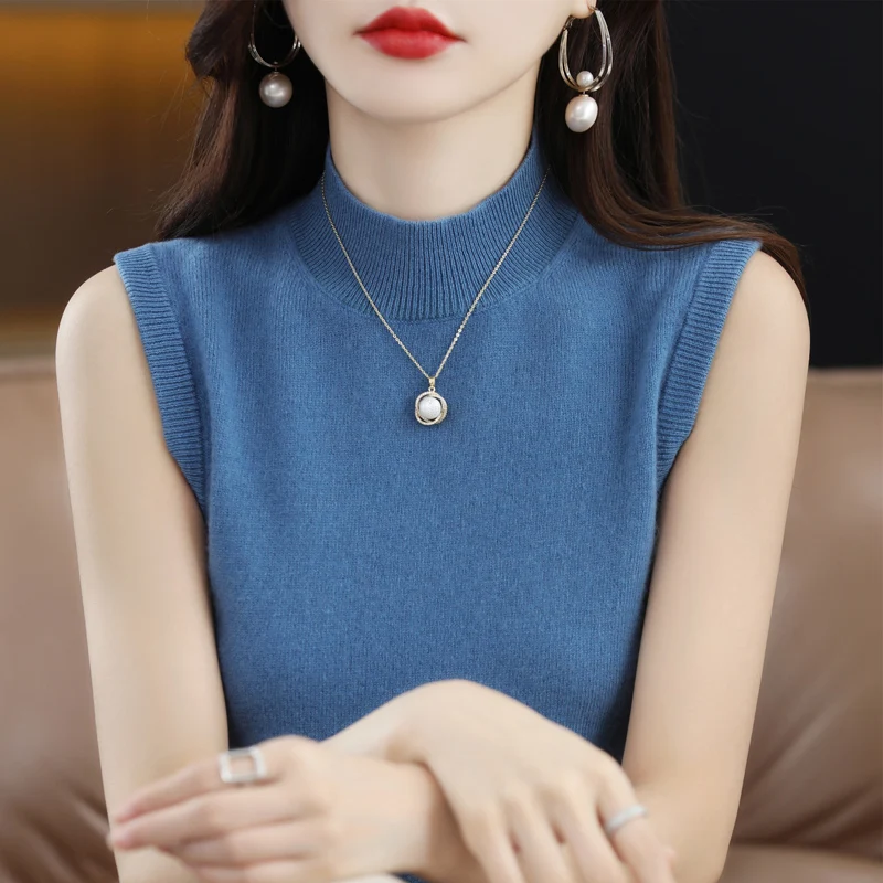 

Spring New Sleeveless Women's Halter Neck Knitted Base Shirt Pure Color Suit Inner Wear Woolen Vest Korean Style Commute Wind