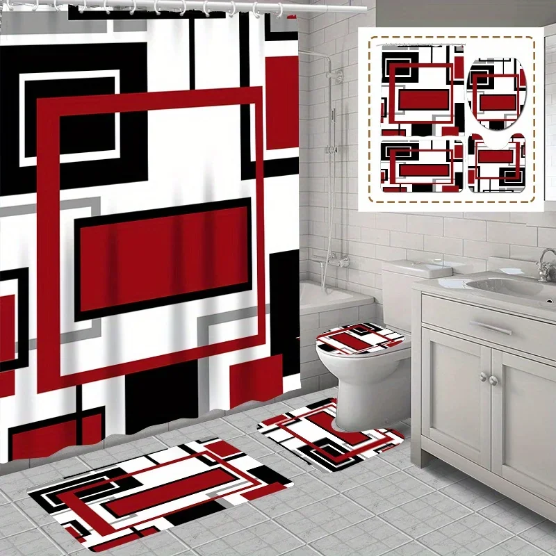 4PCs home decor waterproof shower curtain sets with 12 hooks toilet seat cover bathroom mat non-slip rug carpet polyester fa