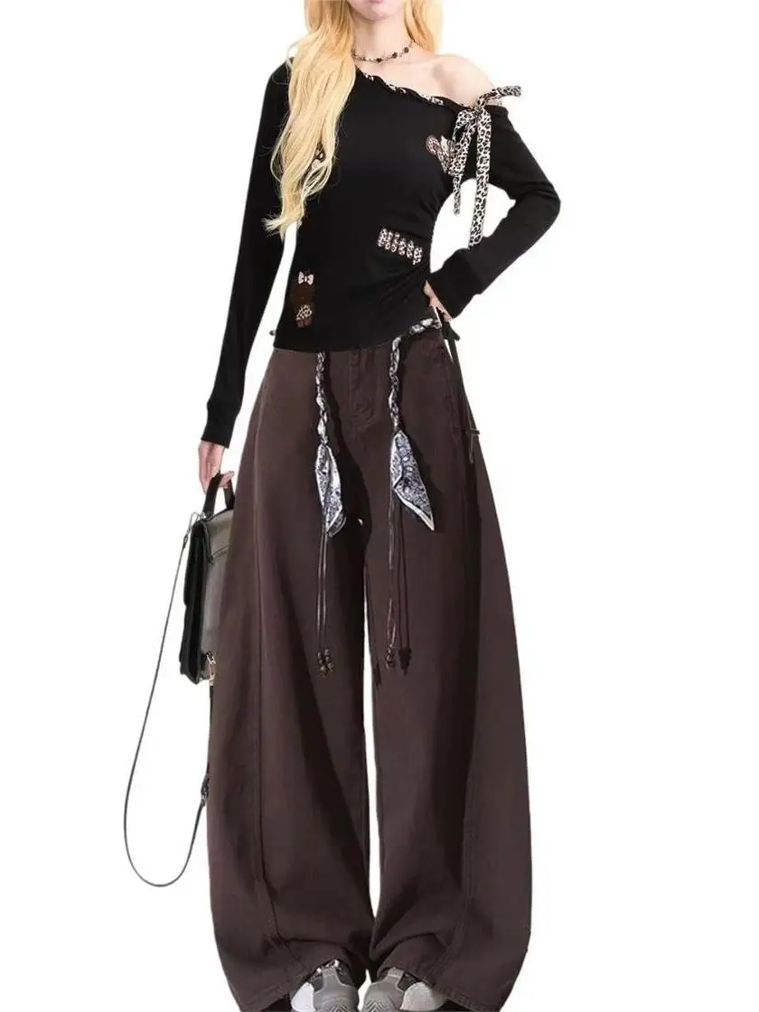 하이웨이스트 아메리칸 슬레 나이프 데님 팬츠 (여성용, 벨트 포함, 바닥까지 오는 길이, 커피색, 트렌디한 INS 와이드 레그 진)