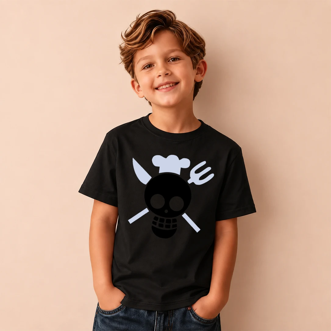 Kids T‑Shirt One Piece Sanji Pirate Skull Chef Logo Print Short Sleeve Casual Tops Boys Girls Anime Children Daily Wear Tees