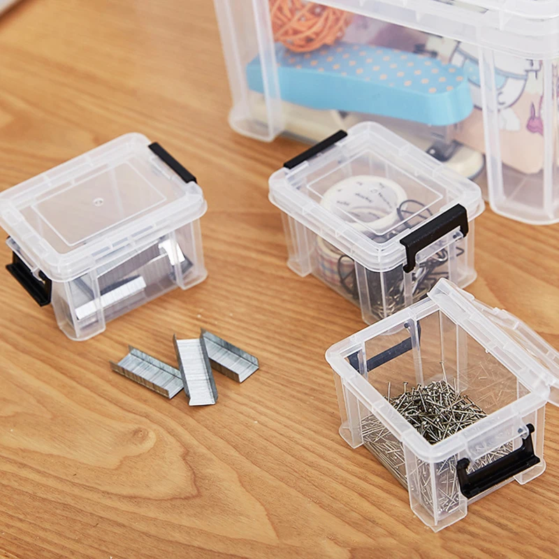 Mini Transparent Plastic Storage Box Paper Clip Staples Clamp Stationery Organizer Button Strap Desktop Storage Case With Cover