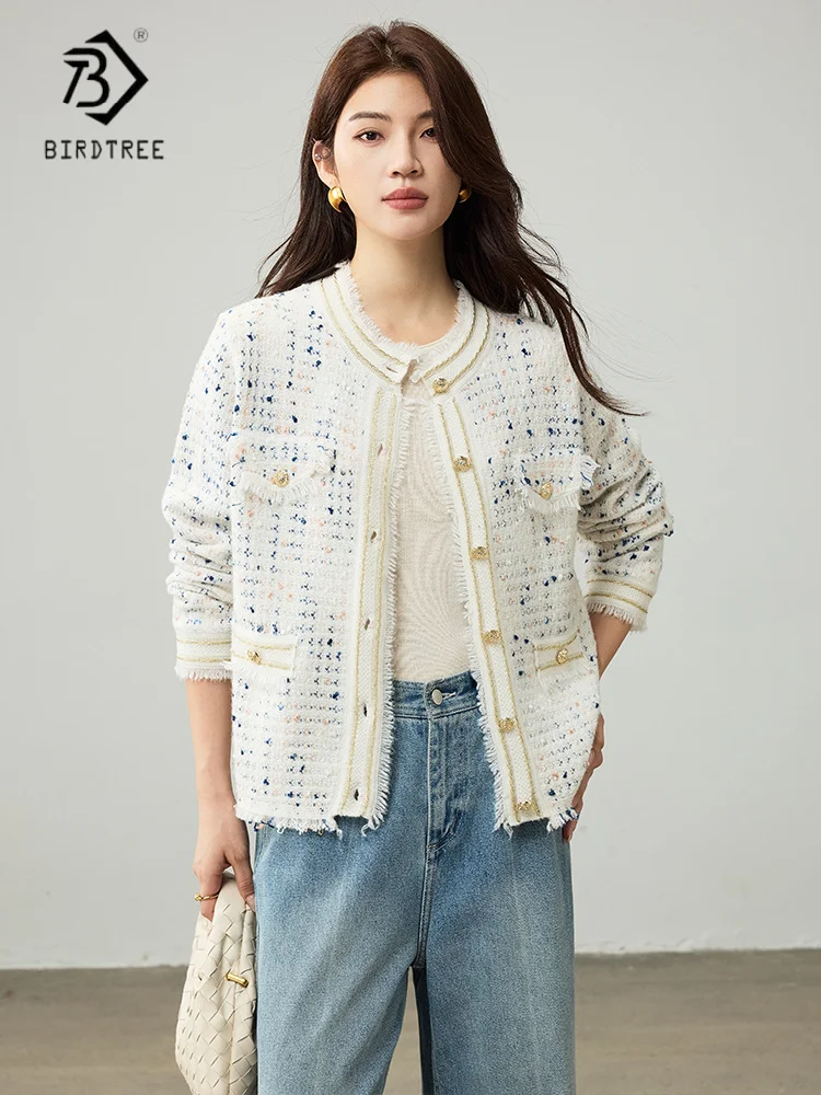 

Birdtree, вязаный кардиган из 100% овечьей шерсти с бахромой, женский однобортный свитер с длинными рукавами, осенне-зимнее пальто 2025 T59923JF