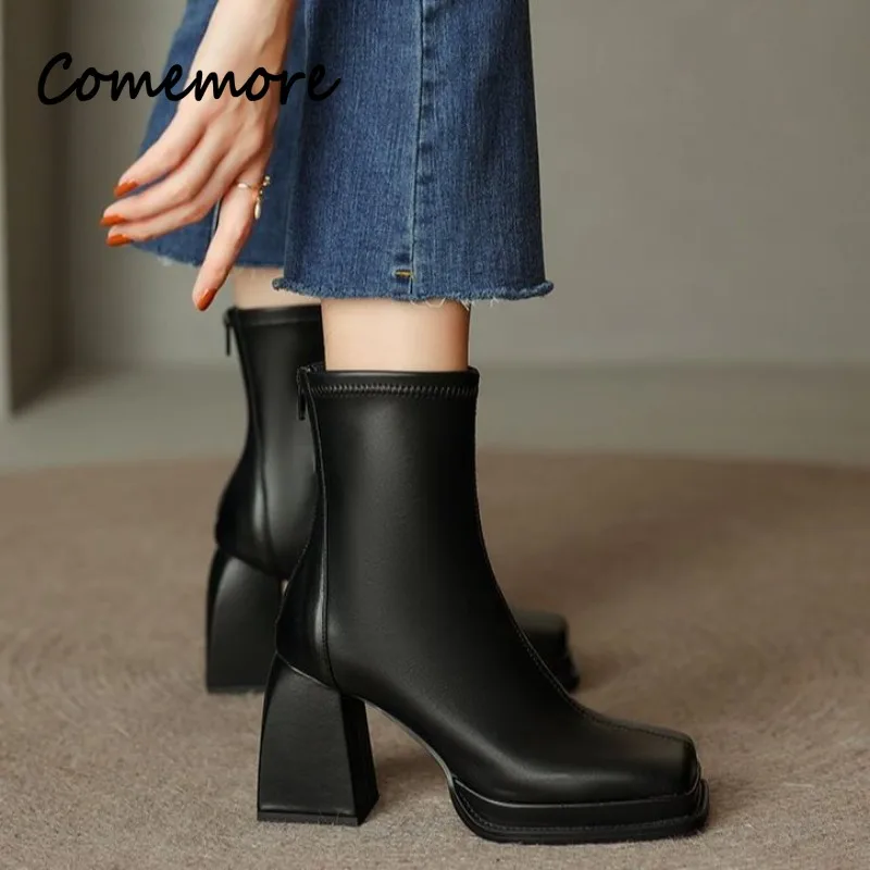 Comemore Women Fashion High Quality Leather Zippesr Shoes Ladies Elegant Short Botas chic demi-season Sexy High Heel Ankle Boots