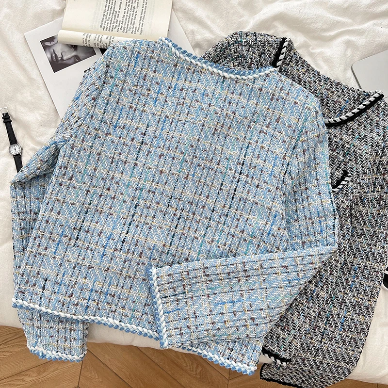 French Elegant Tweed Coat Round Neck Single Breasted Autumn Women's Coats Fashionable High Street Checkered Jacquard Jacket