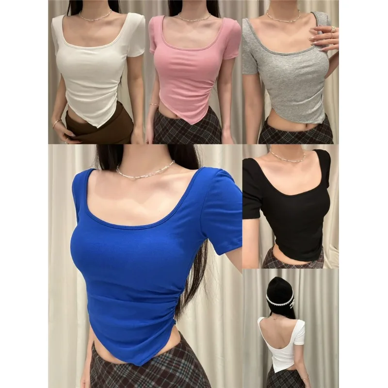 Chic Pure Cotton U-Neck Half Sleeve T-Shirt with Built-In Chest Pad Autumn New Arrival Women's Fashion City Walk Commute Home