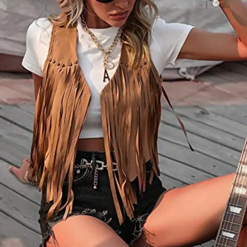 

652F Women Fringe Vest Faux Suedes Tassels 70s Hippie Clothes Open-Front Cardigan Sleeveless Vest Female Waistcoat Outwear