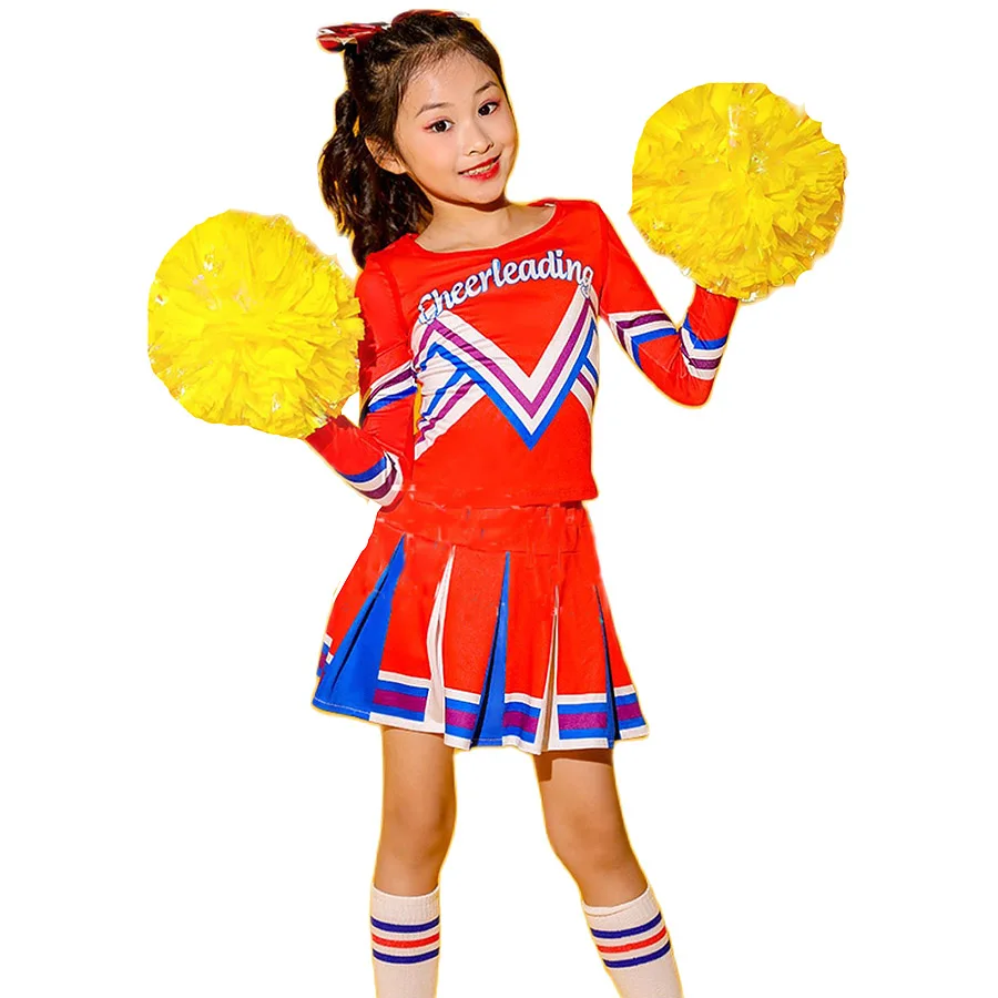 

Girls Cheerleading Uniform Dance Costume Red Long Sleeves Kids Cheerleader Outfit Round Neckline Patchwork Style Pompoms Sock