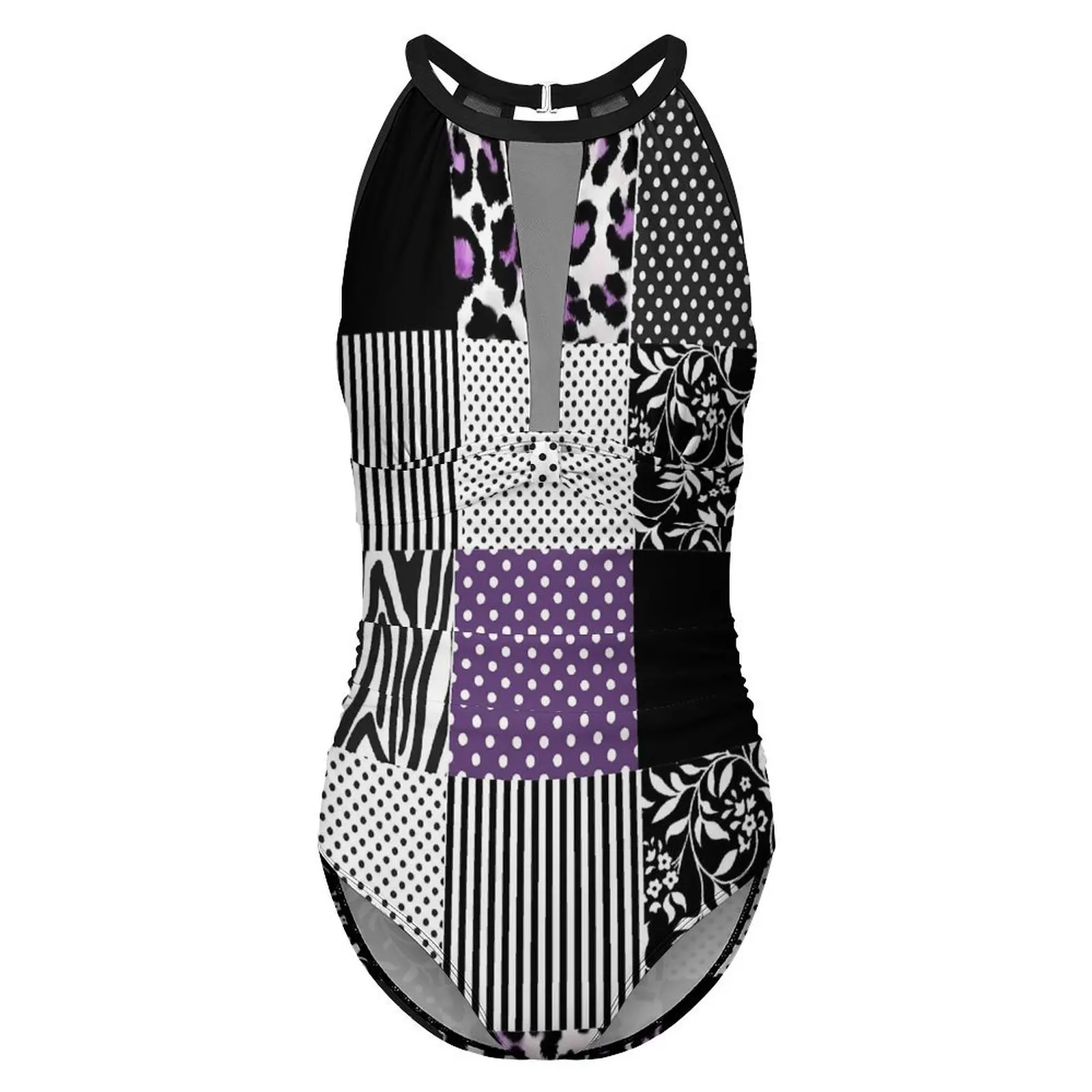 Patchwork Print Badpak Sexy Paars En Zwart Dames Badmode Eendelig Trendy Bodysuit Vakantie Rave Push-Up Mesh Monokini