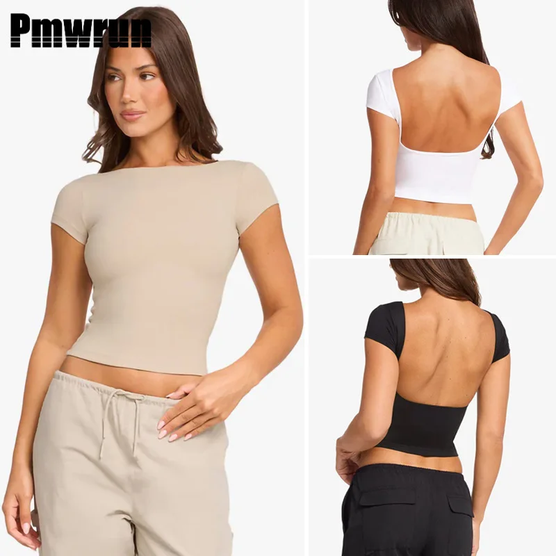 

PMWRUIN женская рубашка для йоги с открытой спиной, облегающий укороченный топ с короткими рукавами, дышащая эластичная спортивная повседневная одежда для тренировок в тренажерном зале, новинка 2505